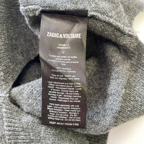 ZADIG & VOLTAIRE TRANE LC WOOL CASHMERE LEATHER GREY KNIT CARDIGAN - M - Picture 11 of 11